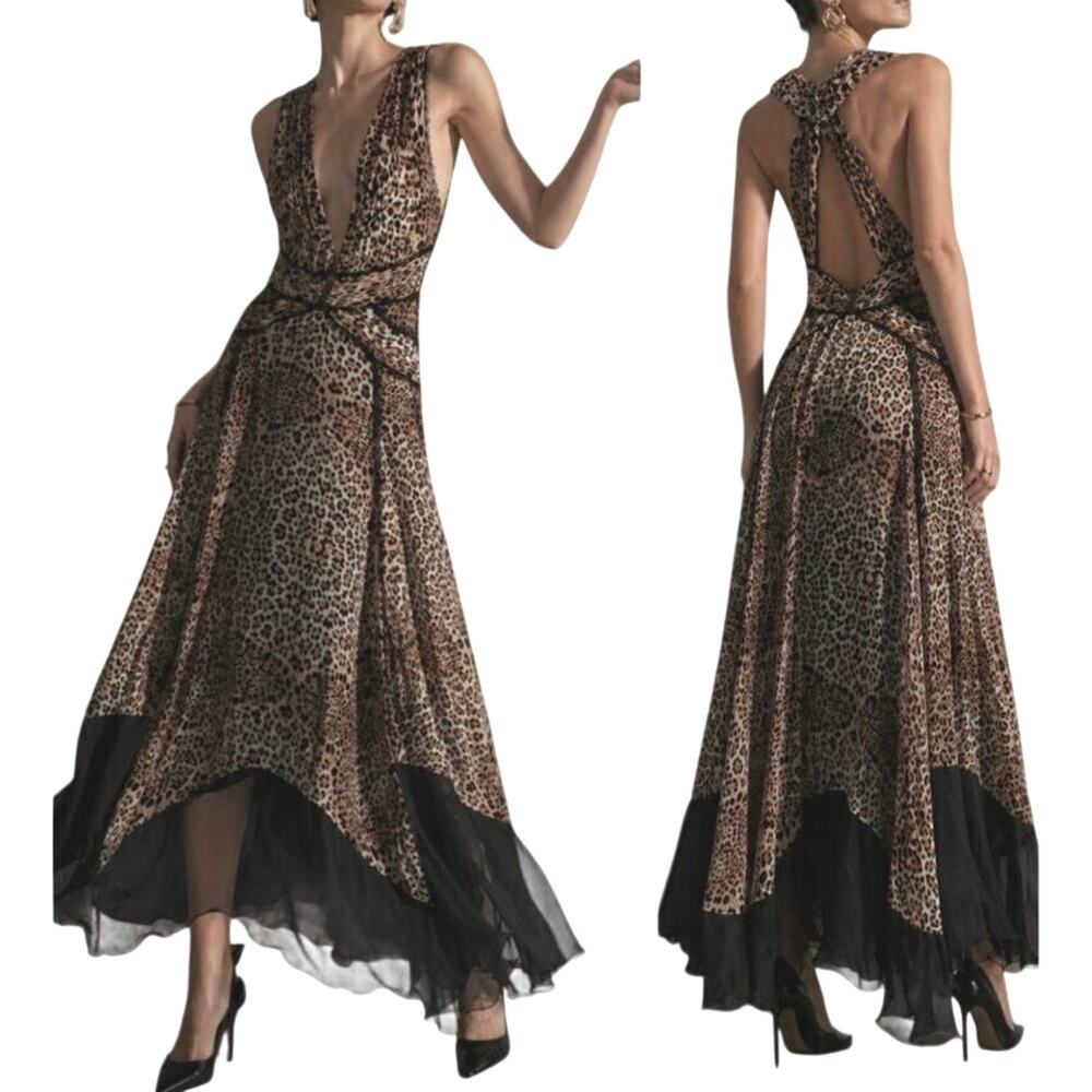 MANDALAY Grey Leopard Black Brown Silk Plunging V-Neck Maxi Dress Gown Sz 8 NWT